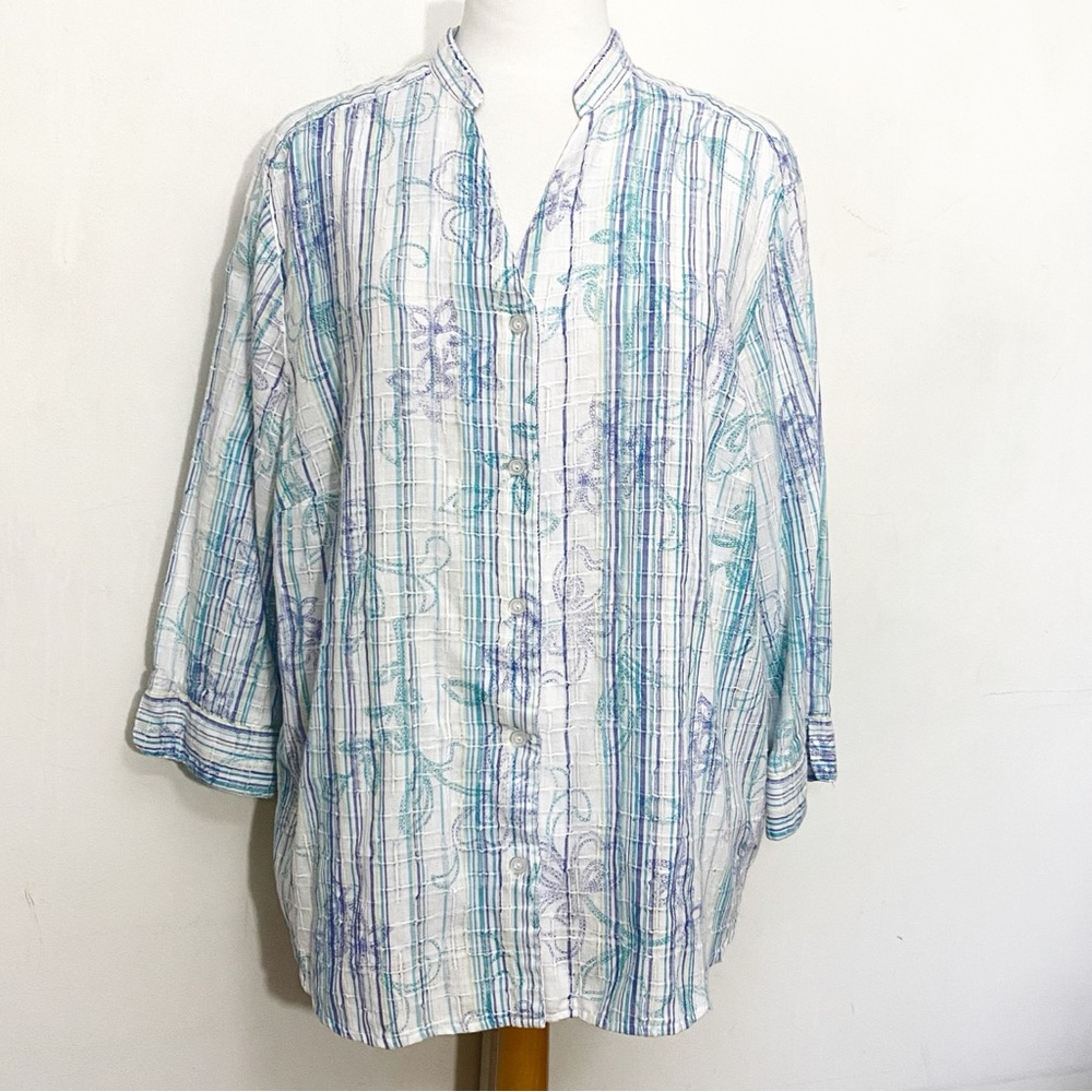 Alfred Dunner Blue and White Textured Stripe Button Up Cotton Blend Blouse 22W